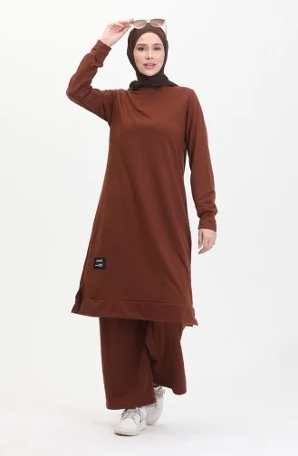 Ensemble Double Pantalon Tunique à Deux Cordes 0044-35 Marron 0044-35