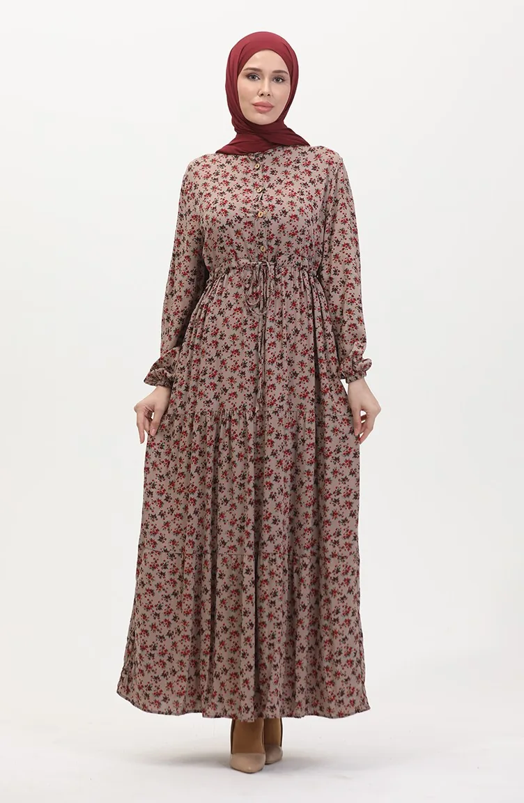 Gerafftes Viskosekleid Mit Gänseblümchenmuster 0423A-01 Nerz 0423A-01