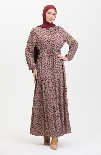 Daisy Patterned Shirred Viscose Dress 0423a-01 Mink 0423A-01