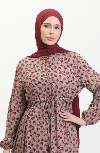 Daisy Patterned Shirred Viscose Dress 0423a-01 Mink 0423A-01