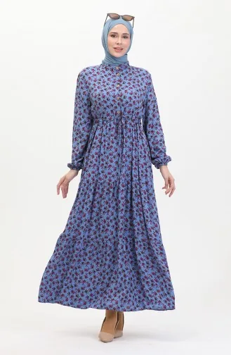 Daisy Patterned Shirred Viscose Dress 0423a-02 İndigo 0423A-02