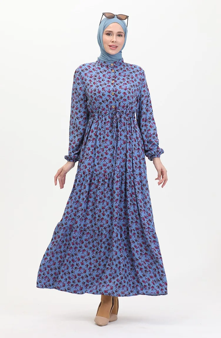Daisy Patterned Shirred Viscose Dress 0423a-02 İndigo 0423A-02