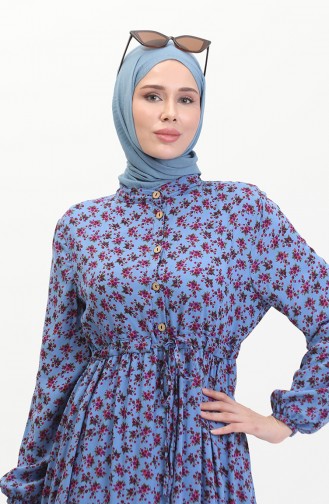 Daisy Patterned Shirred Viscose Dress 0423a-02 İndigo 0423A-02