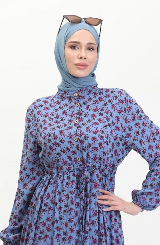 Daisy Patterned Shirred Viscose Dress 0423a-02 İndigo 0423A-02