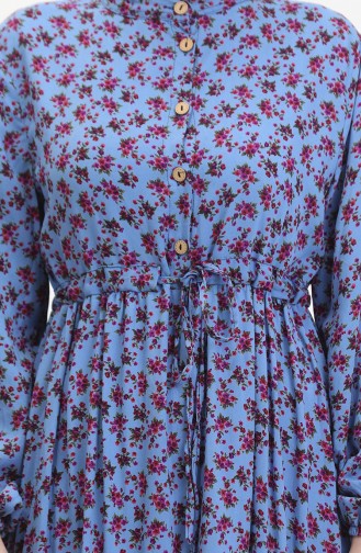 Daisy Patterned Shirred Viscose Dress 0423a-02 İndigo 0423A-02