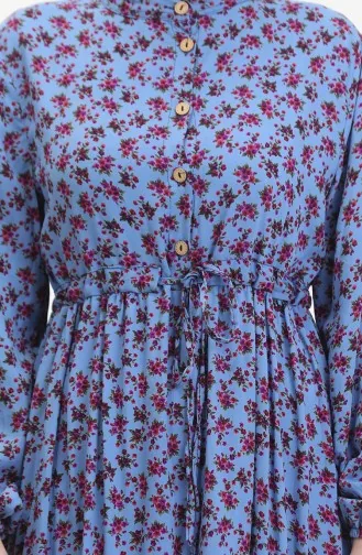 Daisy Patterned Shirred Viscose Dress 0423a-02 İndigo 0423A-02