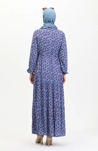 Daisy Patterned Shirred Viscose Dress 0423a-02 İndigo 0423A-02