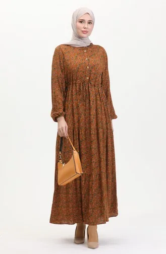Gerafftes Viskosekleid Mit Gänseblümchenmuster 0423A-04 Hellbraun 0423A-04