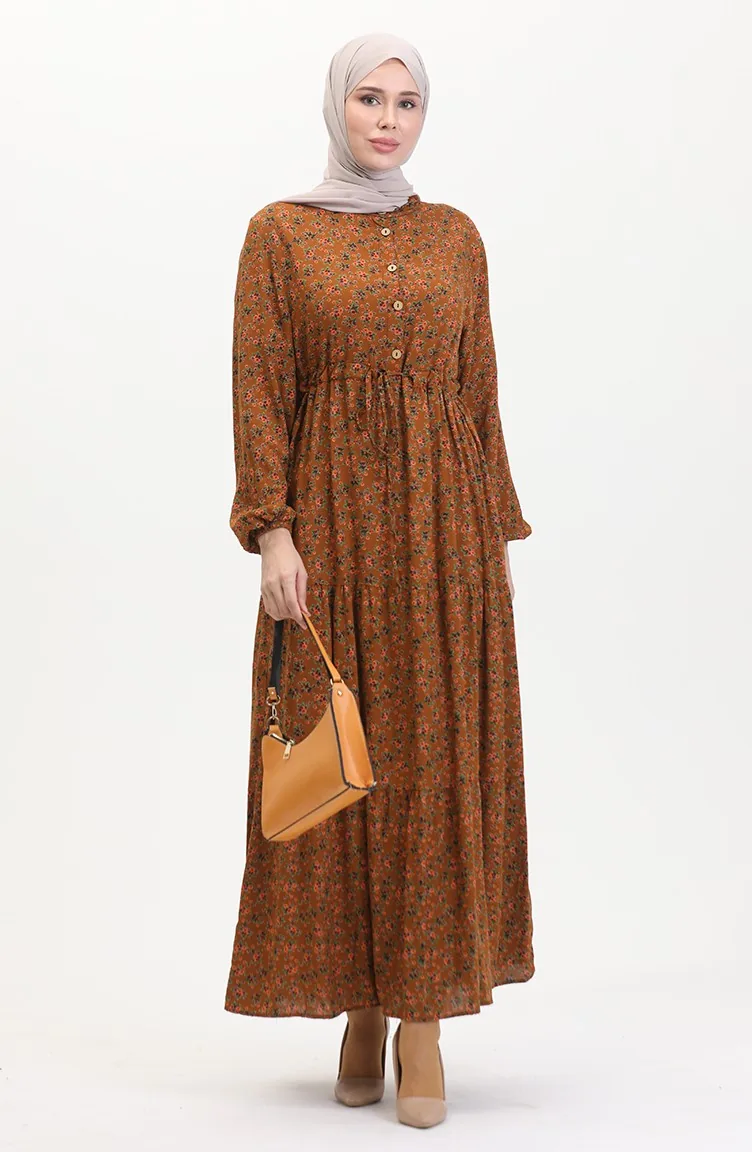 Gerafftes Viskosekleid Mit Gänseblümchenmuster 0423A-04 Hellbraun 0423A-04