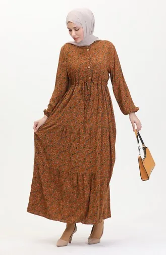 Gerafftes Viskosekleid Mit Gänseblümchenmuster 0423A-04 Hellbraun 0423A-04