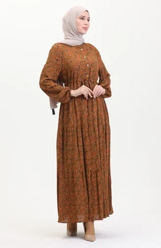 Gerafftes Viskosekleid Mit Gänseblümchenmuster 0423A-04 Hellbraun 0423A-04