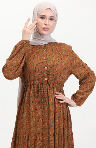 Papatya Desen Büzgülü Viskon Elbise 0423A-04 Taba