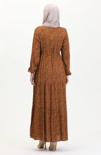Gerafftes Viskosekleid Mit Gänseblümchenmuster 0423A-04 Hellbraun 0423A-04