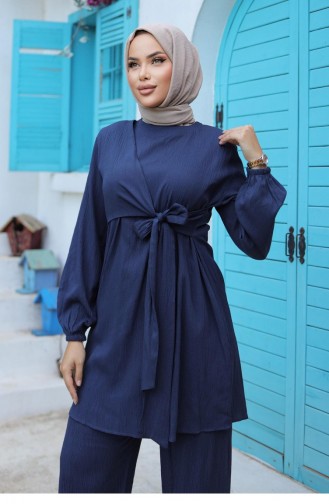 Side Tied Hijab Navy Blue Suit 579