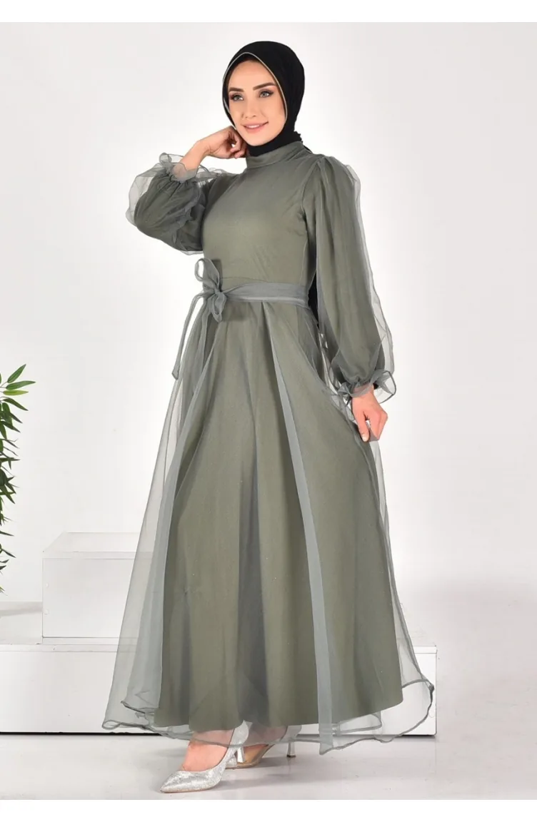 4384 Hijab-Abendkleid Aus Dalya-Stoff Mit Gürtel 4384-01 Grün 4384-01