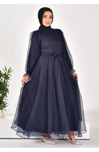 4384 Hijab-Abendkleid Aus Dalya-Stoff Mit Gürtel 4384-02 Marineblau 4384-02