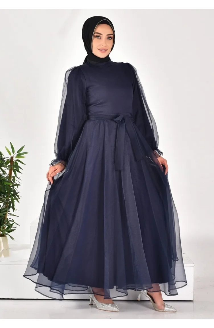 4384 Hijab-Abendkleid Aus Dalya-Stoff Mit Gürtel 4384-02 Marineblau 4384-02