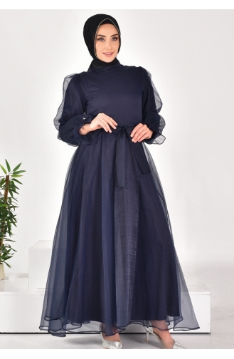 4384 Hijab-Abendkleid Aus Dalya-Stoff Mit Gürtel 4384-02 Marineblau 4384-02