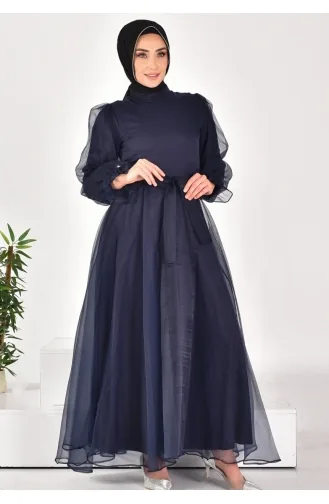 4384 Hijab-Abendkleid Aus Dalya-Stoff Mit Gürtel 4384-02 Marineblau 4384-02
