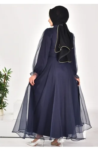 4384 Hijab-Abendkleid Aus Dalya-Stoff Mit Gürtel 4384-02 Marineblau 4384-02