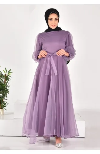 4384 Hijab-Abendkleid Aus Dalya-Stoff Mit Gürtel 4384-03 Flieder 4384-03