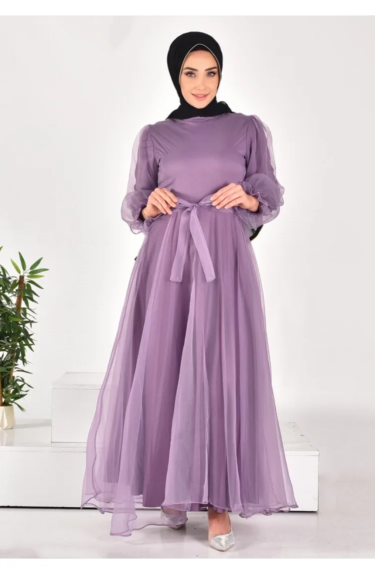 4384 Hijab-Abendkleid Aus Dalya-Stoff Mit Gürtel 4384-03 Flieder 4384-03