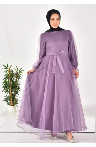 4384 Hijab-Abendkleid Aus Dalya-Stoff Mit Gürtel 4384-03 Flieder 4384-03