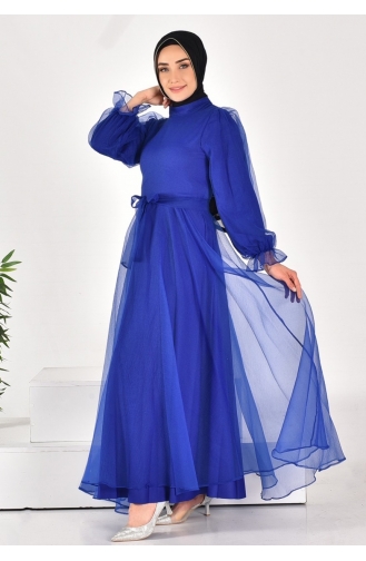 4384 Dalya Kumaş Kemerli Tesettür Abiye 4384-04 Saks