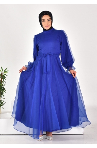 4384 Dalya Kumaş Kemerli Tesettür Abiye 4384-04 Saks
