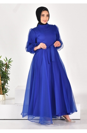 4384 Dalya Kumaş Kemerli Tesettür Abiye 4384-04 Saks
