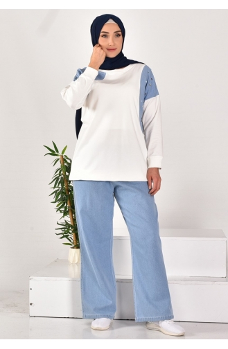 Doppelanzug Aus Zweifädigem Stoff Mit Denim-Besatz 593-02 Ecru 593-02