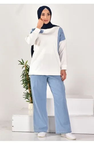 İki İplik Kumaş Kot Garnili İkili Takim 593-02 Ekru