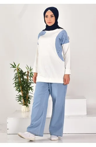 İki İplik Kumaş Kot Garnili İkili Takim 593-02 Ekru