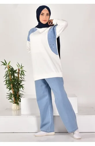 İki İplik Kumaş Kot Garnili İkili Takim 593-02 Ekru