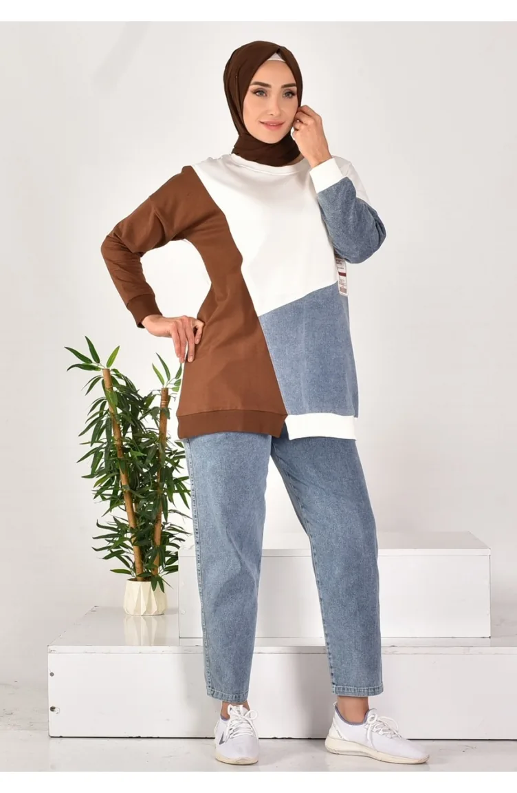 Dubbel Pak Van Tweedraads Stof Met Denimversiering 812-03 Bruin 812-03