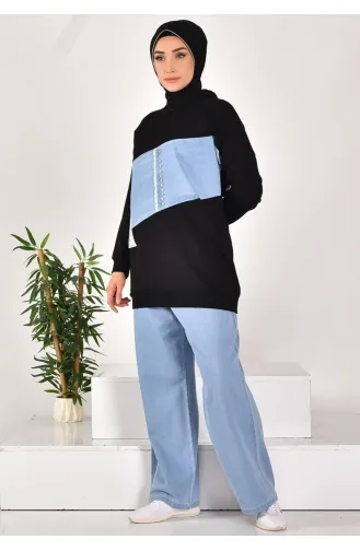 İki İplik Kumaş Taş İşlemeli Ve Garnili İkili Takim 541-02 Siyah