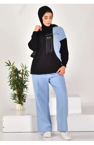 İki İplik Kumaş Taş İşlemeli Ve Garnili İkili Takim 541-02 Siyah