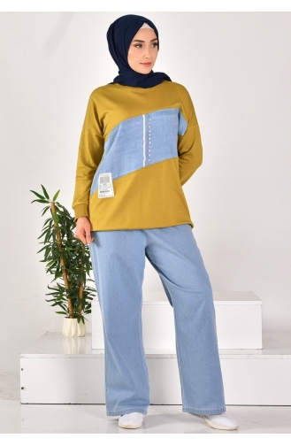 Two Thread Fabric Stone Embroidered And Garnished Two Piece Suit 541-03 Oil Green 541-03