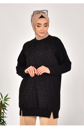 بوانت - سويت شيرت قماش بخيطين وطبعات أحجار أمامية 10565-01 لون أسود 10565-01