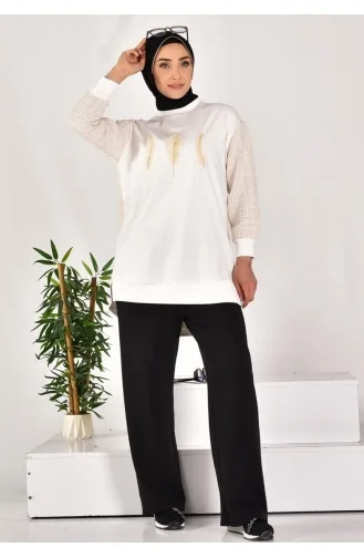 Sweat Pointu Tissu Deux Fils Manches Et Dos Tressés 10559-01 Ecru 10559-01