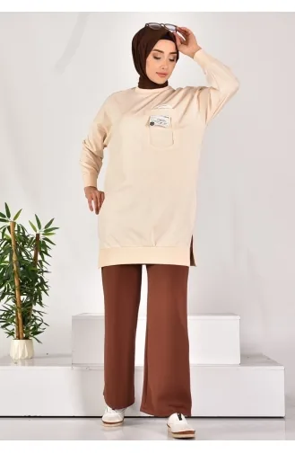 Puane Two Thread Fabric Pocket And Text Detailed Sweatshirt 10597-01 Stone 10597-01