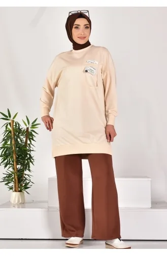 Puane Two Thread Fabric Pocket And Text Detailed Sweatshirt 10597-01 Stone 10597-01