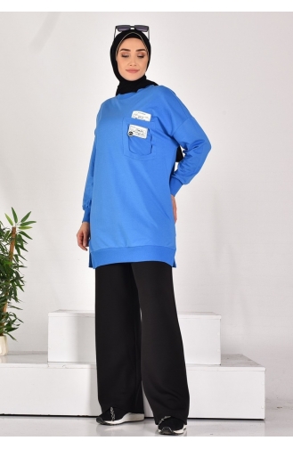 Sweat Pointe En Tissu Deux Fils Avec Poche Et Détail Texte 10597-02 Indigo 10597-02