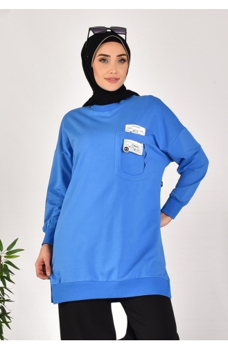 Sweat Pointe En Tissu Deux Fils Avec Poche Et Détail Texte 10597-02 Indigo 10597-02