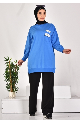 Sweat Pointe En Tissu Deux Fils Avec Poche Et Détail Texte 10597-02 Indigo 10597-02