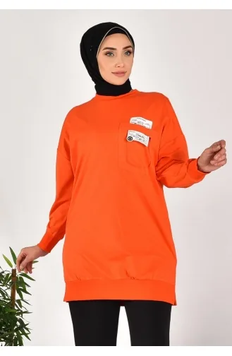 Puane Iki Iplik Kumaş Cep Ve Yazı Detaylı Sweatshirt 10597-03 Oranj