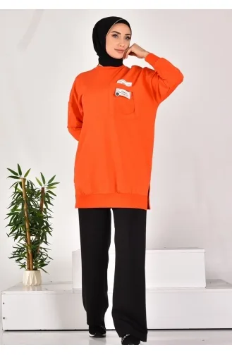 Puane Iki Iplik Kumaş Cep Ve Yazı Detaylı Sweatshirt 10597-03 Oranj