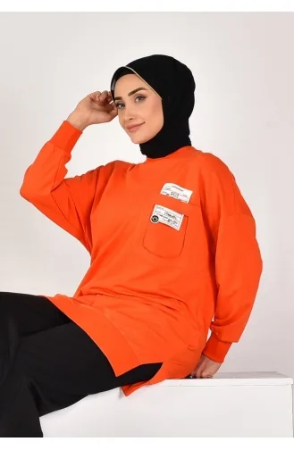 Puane Iki Iplik Kumaş Cep Ve Yazı Detaylı Sweatshirt 10597-03 Oranj