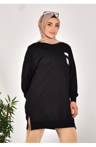 Sweatshirt Aus Zweifädigem Pointe-Stoff Mit Tasche Und Textdetail 10597-04 Schwarz 10597-04