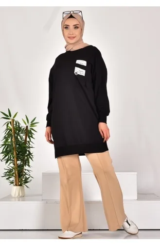 Pointe Sweatshirt Van Twee Draads Stof Met Zak En Tekstdetail 10597-04 Zwart 10597-04